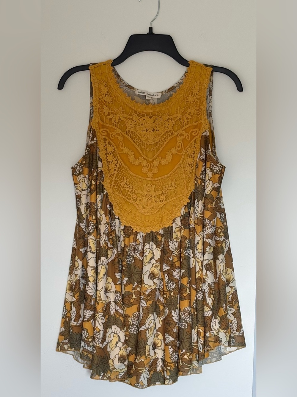 Indigo Thread Co. Bohemian Floral Crochet Bib Sleeveless Tunic Tank Earthy Flowy